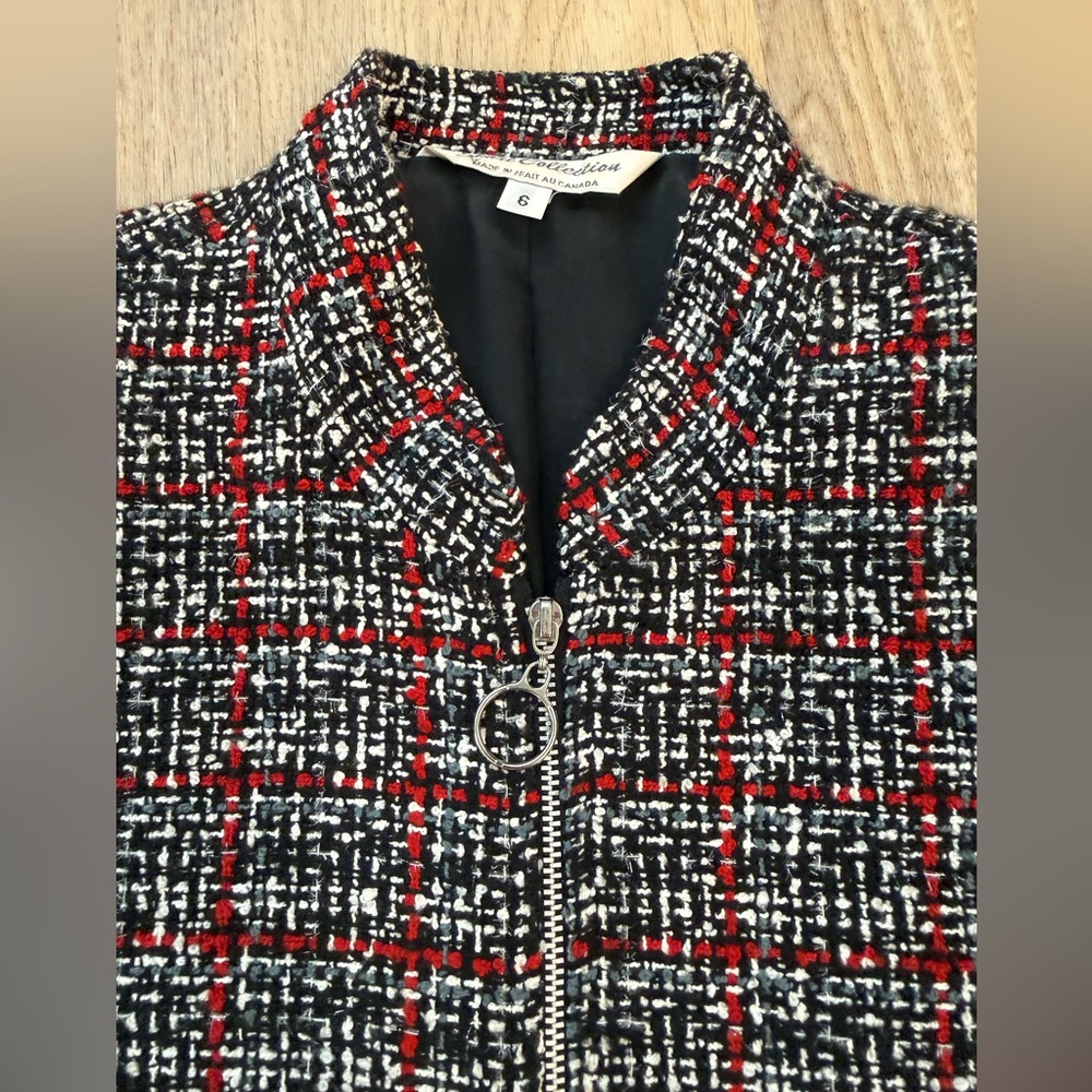 Sport Collection Tweed Zip Front Jacket Blazer Red Black White Plaid Size 6 - Picture 3 of 8